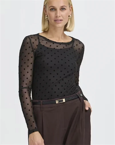 Fransa - FRDeta Langærmet Mesh Bluse - Black Dots